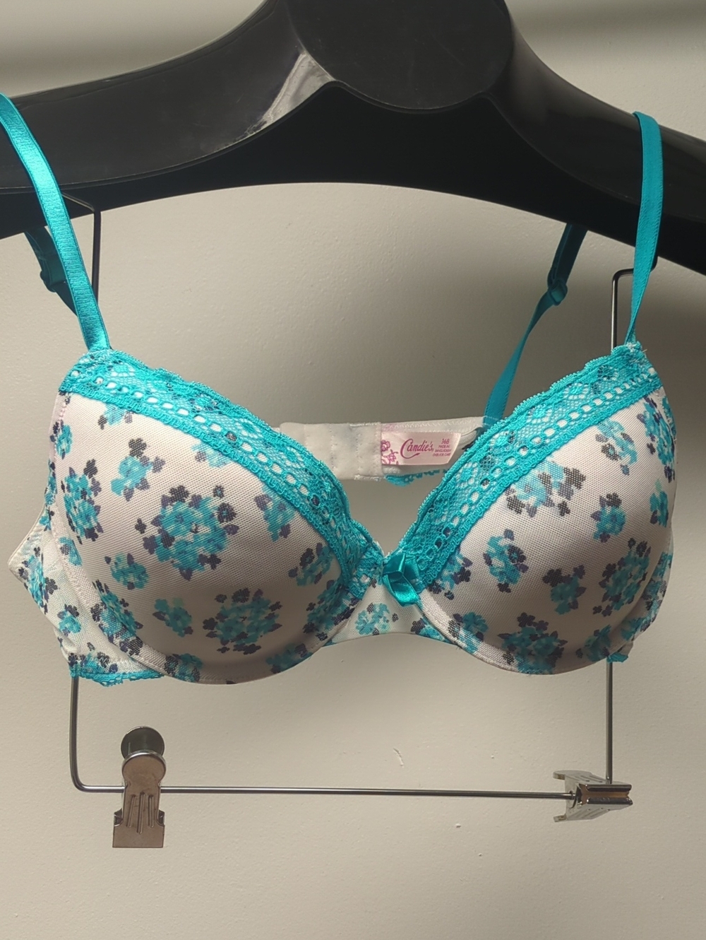36B Candie's PUSH UP Bra Blue Floral Bra with Lace Trim, mesh Back, NwD
